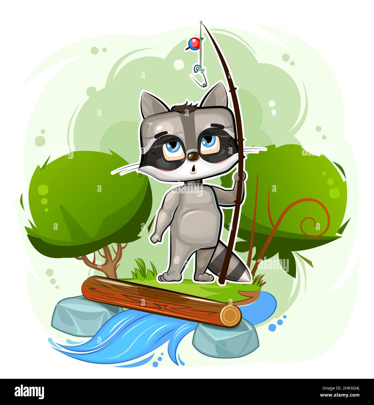 Lustige niedliche Baby Raccoon fischt am Ufer des Baches. Fluss. Es wird kein Fisch gefangen. Naives Tierkind. Cartoon-Stil. Illustration für Kinder Stock Vektor