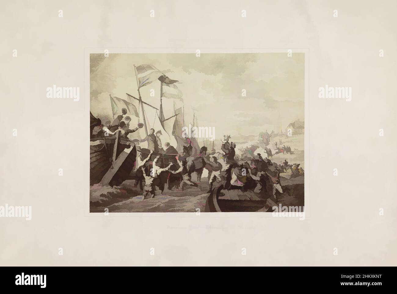 Kunst inspiriert von Print der Ankunft von König Wilhelm I. in Scheveningen, 18131813. Vor fünfzig Jahren. 1863., Ankunft des Fürsten in Scheveningen. 30. November 1813., Fotoproduktion des Farbdrucks von R. Vinkeles nach einer Zeichnung von J.W. Pieneman von der Ankunft der, Classic Works modernisiert von Artotop mit einem Schuss Moderne. Formen, Farbe und Wert, auffällige visuelle Wirkung auf Kunst. Emotionen durch Freiheit von Kunstwerken auf zeitgemäße Weise. Eine zeitlose Botschaft, die eine wild kreative neue Richtung verfolgt. Künstler, die sich dem digitalen Medium zuwenden und die Artotop NFT erschaffen Stockfoto