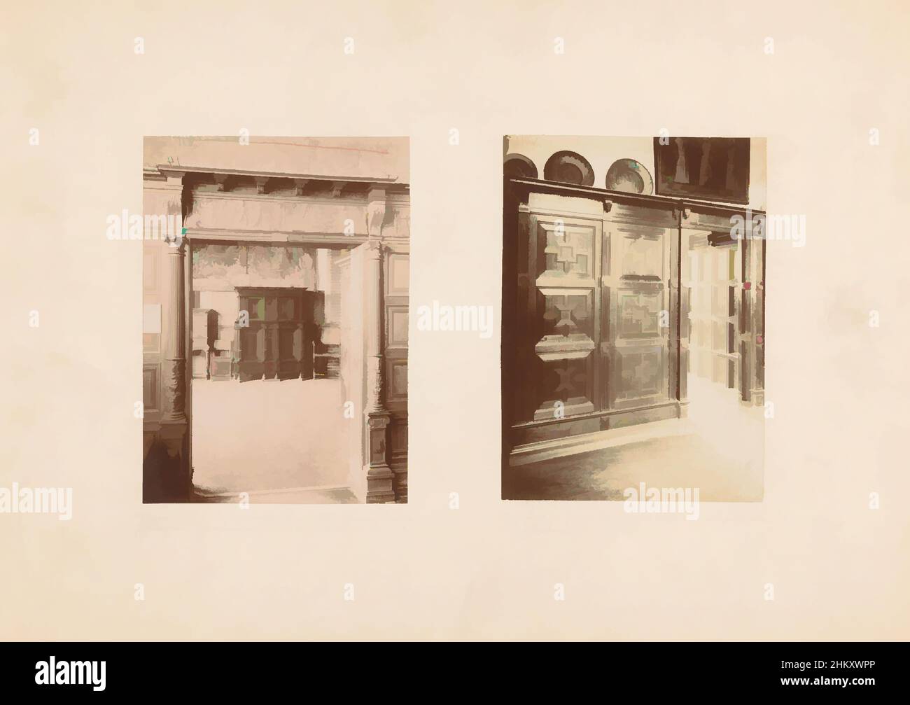 Kunst inspiriert von Blick auf zwei Wandverkleidungen, links Wandverkleidungen mit Reliefs, die Lot und seine Töchter darstellen, rechts Wandschrank und Türrahmen., Niederlande, c. 1875 - c. 1900, Karton, fotografischer Träger, Höhe 315 mm × Breite 446 mm, Classic Works modernisiert von Artotop mit einem Schuss Moderne. Formen, Farbe und Wert, auffällige visuelle Wirkung auf Kunst. Emotionen durch Freiheit von Kunstwerken auf zeitgemäße Weise. Eine zeitlose Botschaft, die eine wild kreative neue Richtung verfolgt. Künstler, die sich dem digitalen Medium zuwenden und die Artotop NFT erschaffen Stockfoto