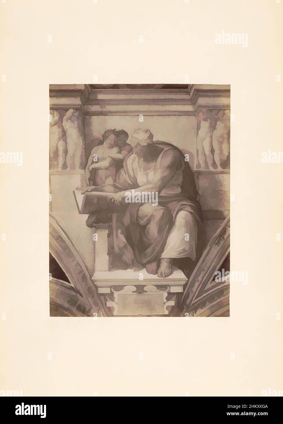 Kunst inspiriert durch Fotoreproduktion eines Details des Freskens von Michelangelo in der Sixtinischen Kapelle in Rom, das Sibyl von Cumae, Michelangelo, zeigt. Rom. Gewölbe der Sixtinischen Kapelle im Vatikan. Die Sibyl von Cumaea, Vault Füllungen., Michelangelo, Sixtijnse kapel (Vaticaan), c. 1875, Classic Works modernisiert von Artotop mit einem Schuss Moderne. Formen, Farbe und Wert, auffällige visuelle Wirkung auf Kunst. Emotionen durch Freiheit von Kunstwerken auf zeitgemäße Weise. Eine zeitlose Botschaft, die eine wild kreative neue Richtung verfolgt. Künstler, die sich dem digitalen Medium zuwenden und die Artotop NFT erschaffen Stockfoto