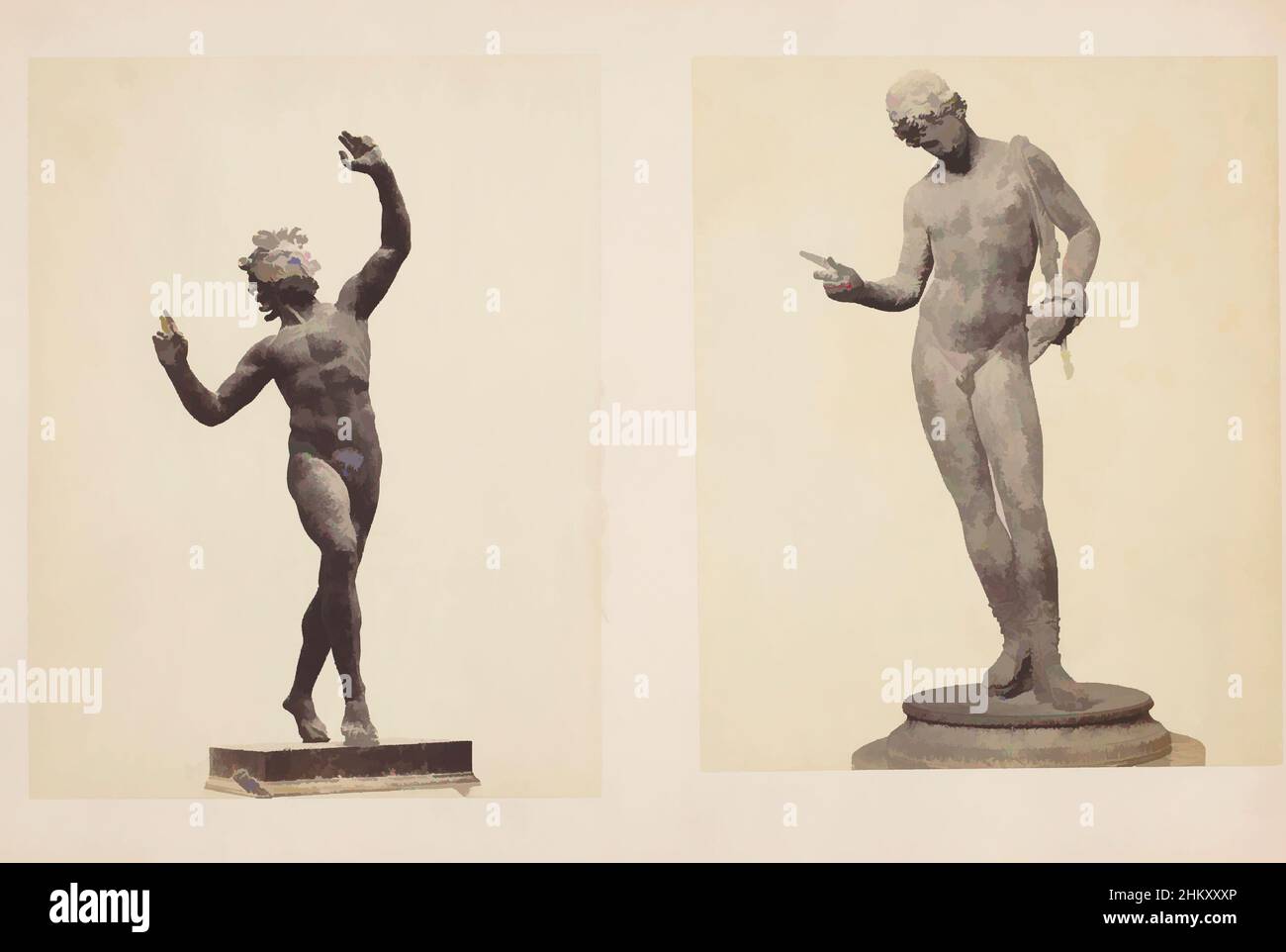 Kunst inspiriert von Überblick über zwei Bronzestatuen, aus Pompeji, links eine Statue eines tanzenden Faun, rechts eine Statue von Narcissus., Museo Nazionale, c. 1875 - c. 1900, Karton, Albumendruck, Höhe 318 mm × Breite 477 mm, Classic Works modernisiert von Artotop mit einem Schuss Moderne. Formen, Farbe und Wert, auffällige visuelle Wirkung auf Kunst. Emotionen durch Freiheit von Kunstwerken auf zeitgemäße Weise. Eine zeitlose Botschaft, die eine wild kreative neue Richtung verfolgt. Künstler, die sich dem digitalen Medium zuwenden und die Artotop NFT erschaffen Stockfoto