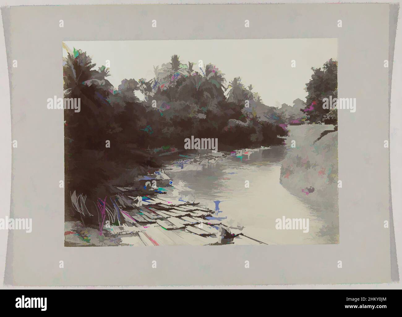 Kunst inspiriert durch das Waschen auf Bambusflossen im Tjiliwoeng bei Meister Cornelis im Jahr Batavia45. Meister Cornelis, Bambusflöße, auf denen die Wäsche gewaschen wird, im Tjiliwoeng in der Nähe von Meister Cornelis in Batavia (Jakarta), Niederländisch-Indien, Batavia, c. 1895 - c. 1915, fotografische Unterstützung, Papier, Klassische Werke, die von Artotop mit einem Schuss Moderne modernisiert wurden. Formen, Farbe und Wert, auffällige visuelle Wirkung auf Kunst. Emotionen durch Freiheit von Kunstwerken auf zeitgemäße Weise. Eine zeitlose Botschaft, die eine wild kreative neue Richtung verfolgt. Künstler, die sich dem digitalen Medium zuwenden und die Artotop NFT erschaffen Stockfoto