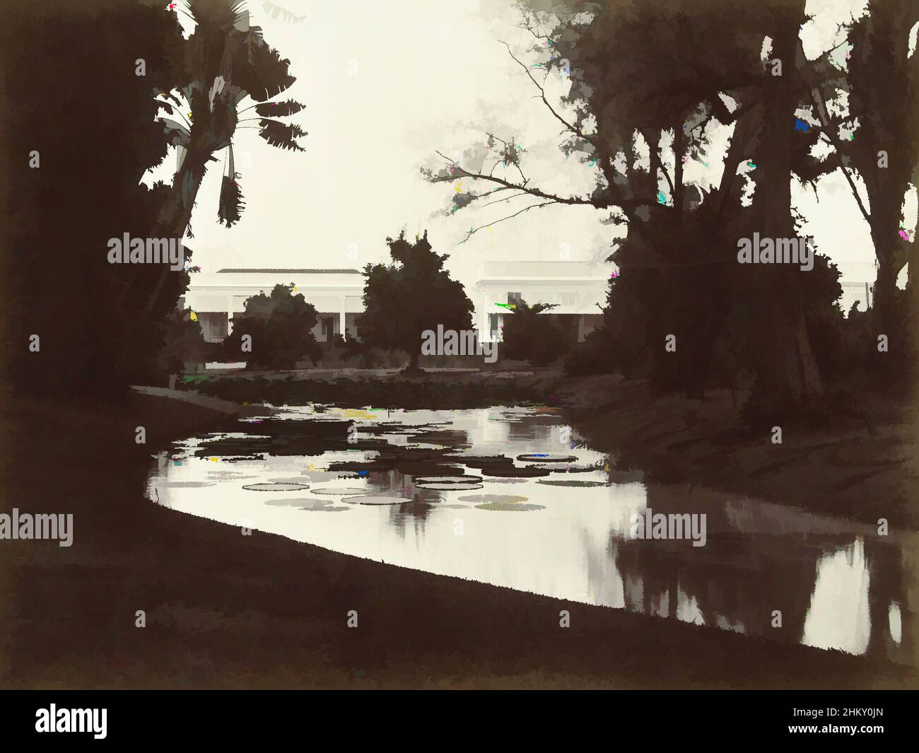 Kunst inspiriert vom Victoria Regia Teich mit dem Gouverneurspalast im Botanischen Garten um Buitenzorg52 Uhr. Buitenzorg: botanischer Garten mit Gouverneurspalast, der Victoria-Regia-Teich mit dem Gouverneurspalast im Botanischen Garten bei Buitenzorg (Bogor), Niederländisch-Indien, Klassische Werke, die von Artotop mit einem Schuss Moderne modernisiert wurden. Formen, Farbe und Wert, auffällige visuelle Wirkung auf Kunst. Emotionen durch Freiheit von Kunstwerken auf zeitgemäße Weise. Eine zeitlose Botschaft, die eine wild kreative neue Richtung verfolgt. Künstler, die sich dem digitalen Medium zuwenden und die Artotop NFT erschaffen Stockfoto