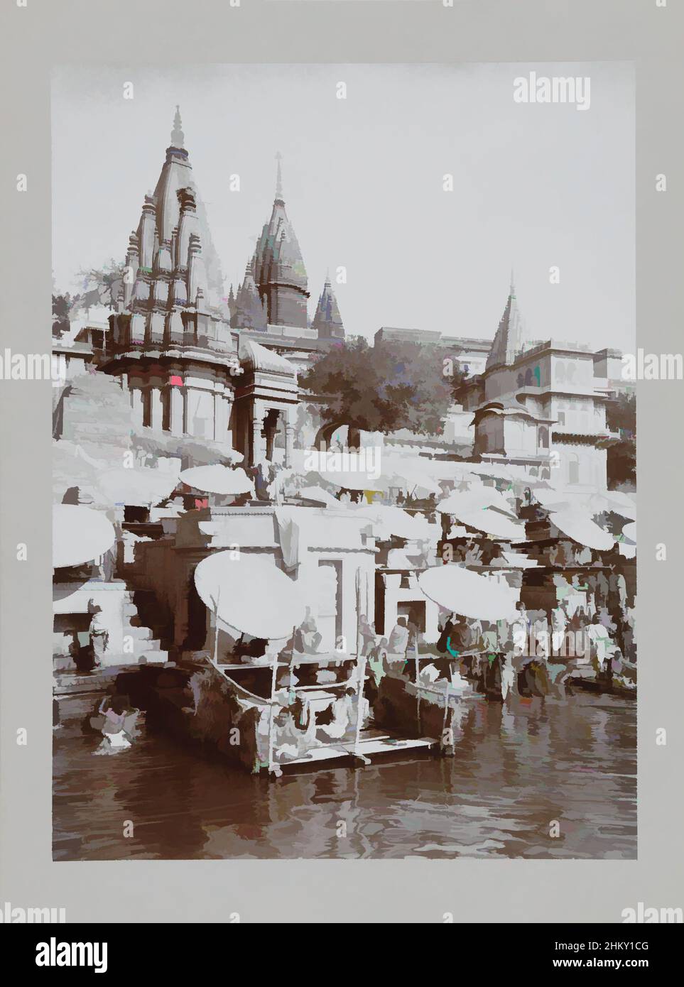 Kunst inspiriert von Benares am Ganges, unten links geht ein Mann durch das Wasser, über ihm hält eine Frau ihre Hand gegen eine Wand., Benares, c. 1895 - c. 1915, Papier, Karton, Höhe 282 mm × Breite 207 mmhöhe 329 mm × Breite 243 mm, Classic Works modernisiert von Artotop mit einem Schuss Moderne. Formen, Farbe und Wert, auffällige visuelle Wirkung auf Kunst. Emotionen durch Freiheit von Kunstwerken auf zeitgemäße Weise. Eine zeitlose Botschaft, die eine wild kreative neue Richtung verfolgt. Künstler, die sich dem digitalen Medium zuwenden und die Artotop NFT erschaffen Stockfoto