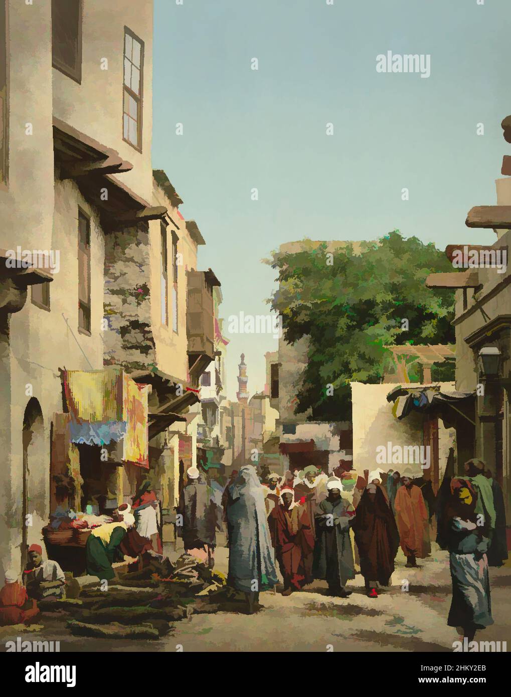 Kunst inspiriert von Street View in Nordafrika, zeigt das farbige Foto Menschen auf der Straße, die meisten in langer Kleidung und Kopfbedeckung., Egypte, c. 1895, Leder, fotografischer Träger, Höhe 268 mm × Breite 210 mmhöhe 277 mm × Breite 367 mm, Classic Works modernisiert von Artotop mit einem Schuss Moderne. Formen, Farbe und Wert, auffällige visuelle Wirkung auf Kunst. Emotionen durch Freiheit von Kunstwerken auf zeitgemäße Weise. Eine zeitlose Botschaft, die eine wild kreative neue Richtung verfolgt. Künstler, die sich dem digitalen Medium zuwenden und die Artotop NFT erschaffen Stockfoto