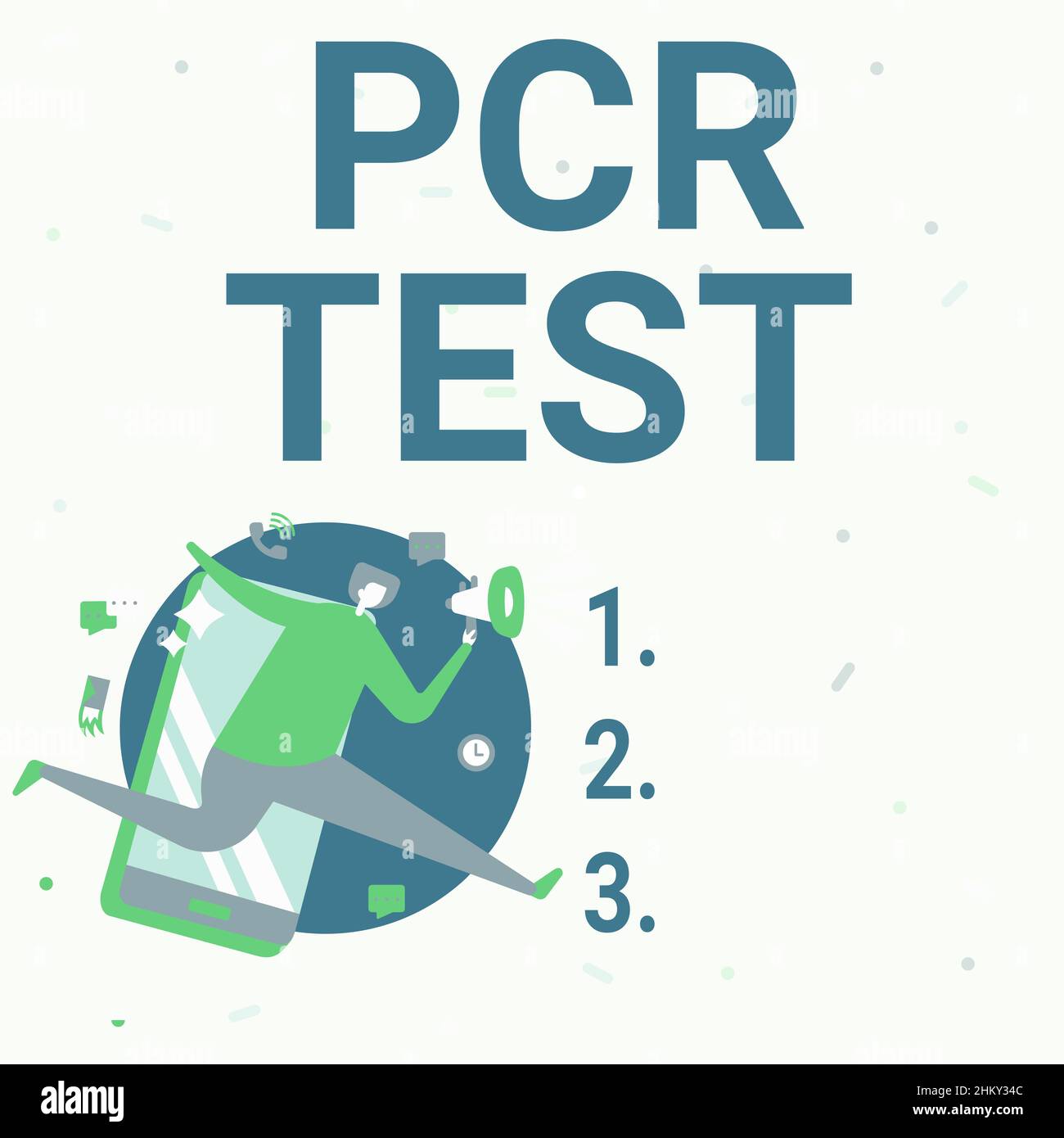 Konzeptioneller Titel PCR-Test. Geschäftskonzept qualitativer Nachweis des viralen Genoms innerhalb der kurzen Seqeunce von DNA man Drawing Holding Megaphon Stockfoto