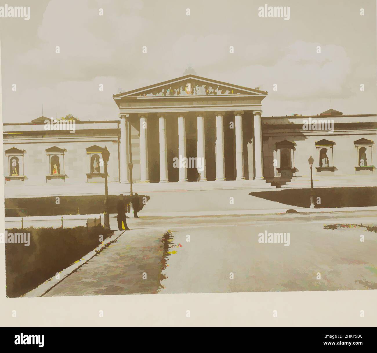 Kunst inspiriert von Glyptothek, Königsplatz, München, Deutschland, ist die Glyptothek ein Museum für arachische und klassische Kunst. Sie wurde von Kronprinz Louis, dem späteren König Ludwig I., am Königsplatz in Auftrag gegeben und 1830 der Öffentlichkeit zugänglich gemacht. Vor der zentralen Halle befindet sich der Vorraum mit ionischen, klassischen Werken, die von Artotop mit einem Schuss Moderne modernisiert wurden. Formen, Farbe und Wert, auffällige visuelle Wirkung auf Kunst. Emotionen durch Freiheit von Kunstwerken auf zeitgemäße Weise. Eine zeitlose Botschaft, die eine wild kreative neue Richtung verfolgt. Künstler, die sich dem digitalen Medium zuwenden und die Artotop NFT erschaffen Stockfoto