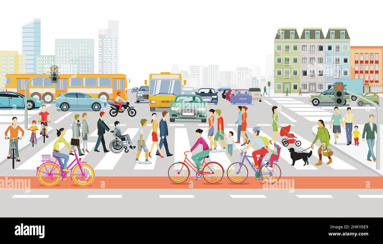 City Silhouette mit Fußgängern auf dem Zebrastreifen und öffentlichen Verkehrsmitteln und Radfahrer, Illustration Stock Vektor