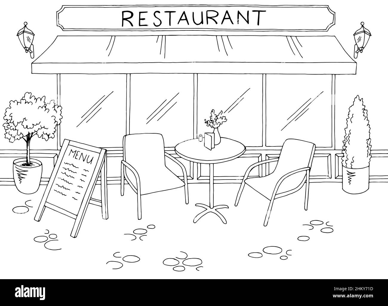 Street Café Grafik schwarz weiß Skizze Illustration Vektor Stock Vektor