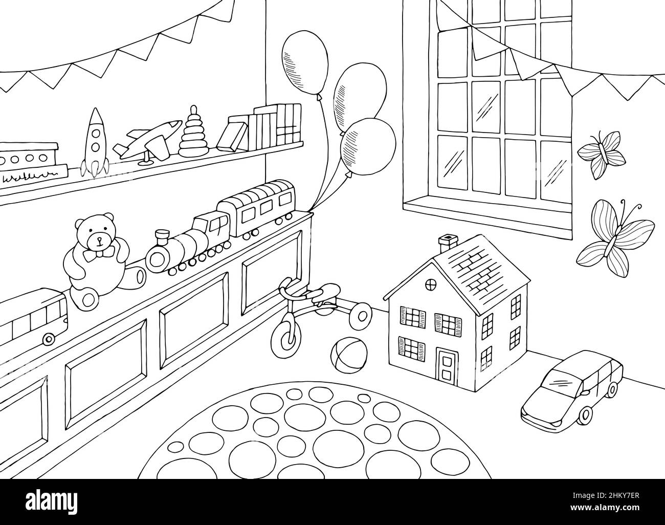 Spielzeug Shop Grafik schwarz weiß Interieur Skizze Illustration Vektor Stock Vektor