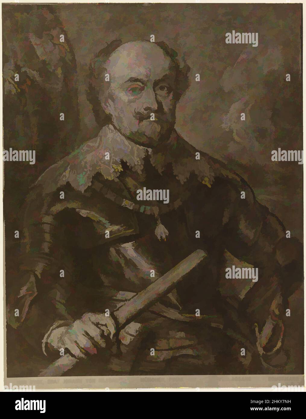 Kunst inspiriert von Porträt von Johan VIII., Graf von Nassau-Siegen, Porträt von Johan VIII. In seiner rechten Hand ein Kommandostab. Im unteren Rand sein Name und Titel in deutscher Sprache. Verlagsanstalt Fr. Bruckmann A.-G., nach: Anthony van Dyck, München, 1897, fotografischer Träger, Höhe 237 mm, Klassische Werke, die von Artotop mit einem Hauch von Moderne modernisiert wurden. Formen, Farbe und Wert, auffällige visuelle Wirkung auf Kunst. Emotionen durch Freiheit von Kunstwerken auf zeitgemäße Weise. Eine zeitlose Botschaft, die eine wild kreative neue Richtung verfolgt. Künstler, die sich dem digitalen Medium zuwenden und die Artotop NFT erschaffen Stockfoto
