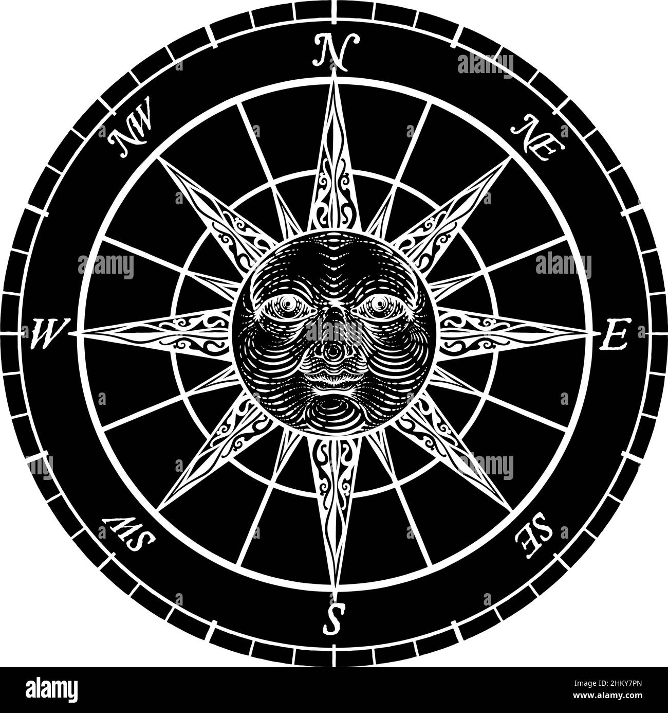 Kompass Sonne Gesicht Ätzrose Holzschnitt Zeichnung Stock Vektor