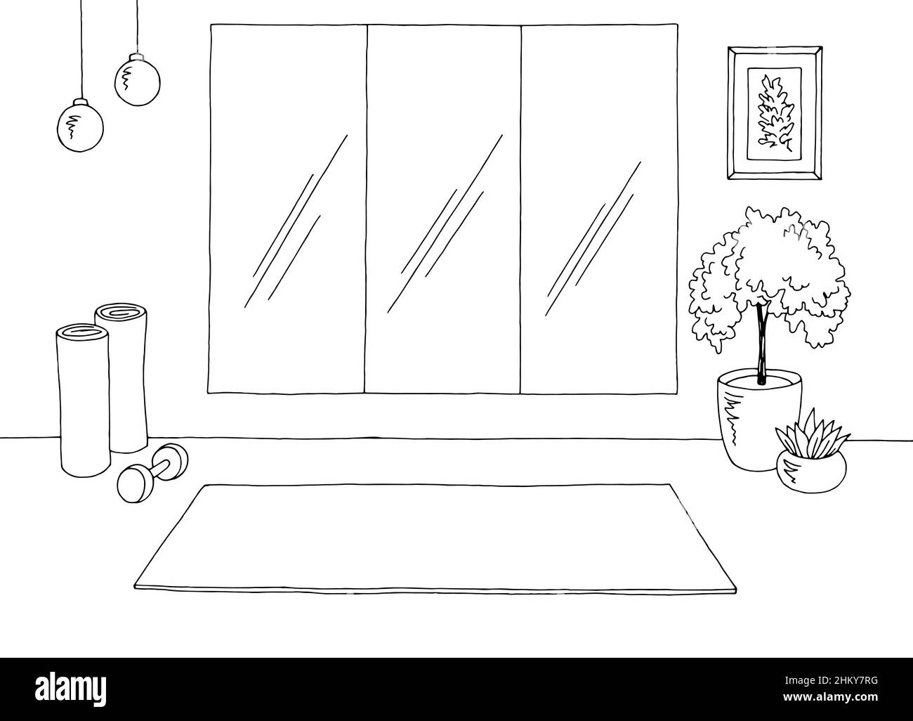 Grafik für die Innenausstattung des Yoga-Fitnessraums in Schwarz Weiß Skizze Illustration Vektor Stock Vektor