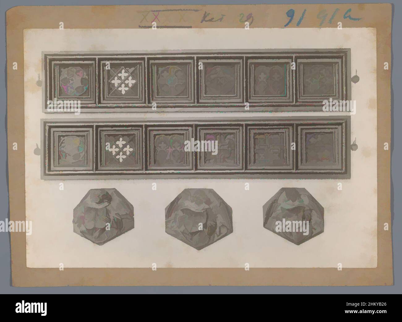 Kunst inspiriert von fünf dekorativen Paneelen, Oberteil: Zwei längliche Paneele mit geometrischen Mustern, Unterseite: Drei Paneele mit Engel verziert., c. 1875 - c. 1900, fotografischer Träger, Höhe 110 mm × Breite 162 mm, Classic Works modernisiert von Artotop mit einem Schuss Moderne. Formen, Farbe und Wert, auffällige visuelle Wirkung auf Kunst. Emotionen durch Freiheit von Kunstwerken auf zeitgemäße Weise. Eine zeitlose Botschaft, die eine wild kreative neue Richtung verfolgt. Künstler, die sich dem digitalen Medium zuwenden und die Artotop NFT erschaffen Stockfoto
