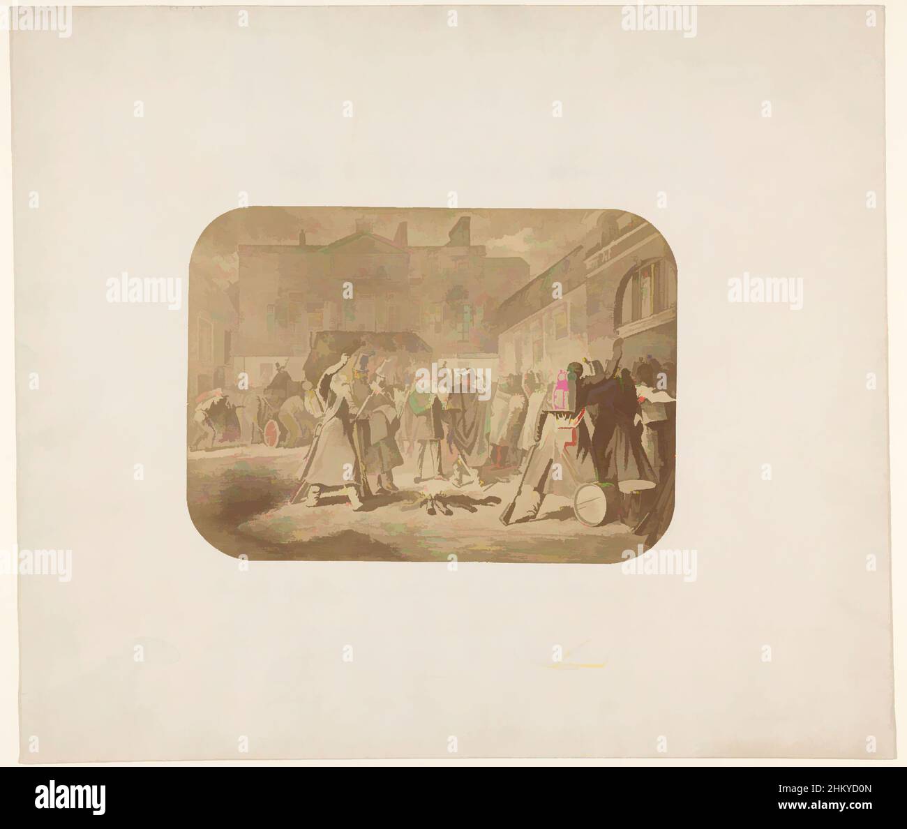 Kunst inspiriert von Bankraub am 2. Dezember 1852, Coup d'Etat., Pry à la Banque des 25 Millions dans la nuit du 2 décembre 1852, Gemälde einer Gruppe von Party- und trinkenden Soldaten auf der Straße um ein Holzfeuer. Laut der Inschrift handelt es sich hier um einen Bankraub an den von Artotop modernisierten Classic Works mit einem Spritzer Moderne. Formen, Farbe und Wert, auffällige visuelle Wirkung auf Kunst. Emotionen durch Freiheit von Kunstwerken auf zeitgemäße Weise. Eine zeitlose Botschaft, die eine wild kreative neue Richtung verfolgt. Künstler, die sich dem digitalen Medium zuwenden und die Artotop NFT erschaffen Stockfoto