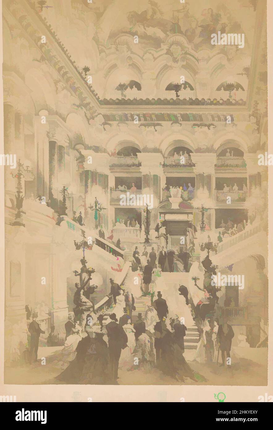 Kunst inspiriert durch Fotoreproduktion einer Zeichnung, die die Treppe in der Opéra Garnier in Paris zeigt, Grand Escalier du Nouvel Opéra, intermediärer Zeichner:, Paris, c. 1875 - c. 1885, fotografischer Träger, Karton, Albumendruck, Höhe 149 mm × Breite 100 mm, Classic Works modernisiert von Artotop mit einem Schuss Moderne. Formen, Farbe und Wert, auffällige visuelle Wirkung auf Kunst. Emotionen durch Freiheit von Kunstwerken auf zeitgemäße Weise. Eine zeitlose Botschaft, die eine wild kreative neue Richtung verfolgt. Künstler, die sich dem digitalen Medium zuwenden und die Artotop NFT erschaffen Stockfoto