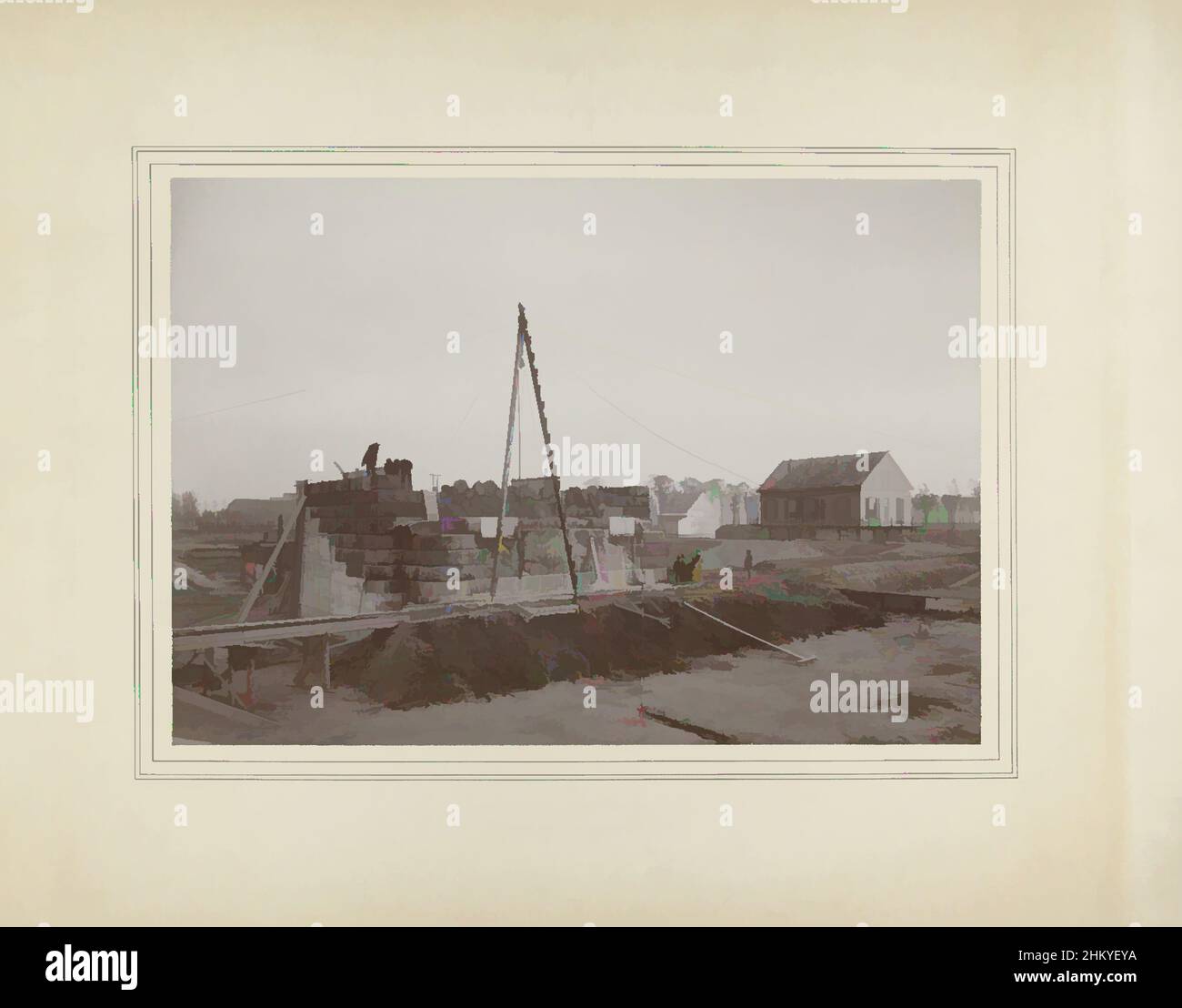 Kunst inspiriert durch den Bau des Abutments für die Brücke über die Alte Maas am rechten Ufer bei Spijkenisse, Brücke über die Alte Maas bei Spijkenisse (Serientitel), Arnaud Pistoor & Zoon, Den Bosch, Nov-1900, Karton, fotografische Unterstützung, Höhe 293 mm × Breite 419 mm, Classic Works modernisiert von Artotop mit einem Schuss Modernität. Formen, Farbe und Wert, auffällige visuelle Wirkung auf Kunst. Emotionen durch Freiheit von Kunstwerken auf zeitgemäße Weise. Eine zeitlose Botschaft, die eine wild kreative neue Richtung verfolgt. Künstler, die sich dem digitalen Medium zuwenden und die Artotop NFT erschaffen Stockfoto