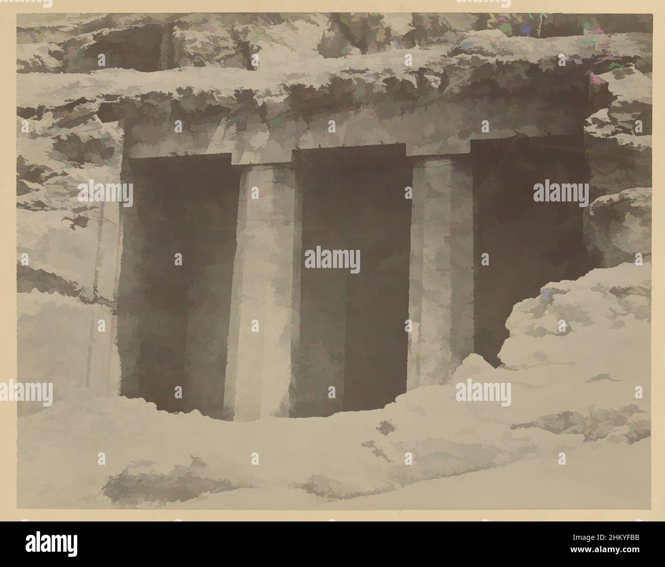 Kunst inspiriert durch den Eingang zum Grab von Khnumhotep II in Beni Hassan, E 57. Tempel bei Beni Hassan (der ganze Tempel ist aus dem Felsen geschnitzt). Upper Egypt., Egypt (Serientitel), das Foto ist Teil der Serie von Fotografien aus Ägypten gesammelt von Richard Polak., Antonio Beato, Klassische Werke von Artotop mit einem Schuss Moderne modernisiert. Formen, Farbe und Wert, auffällige visuelle Wirkung auf Kunst. Emotionen durch Freiheit von Kunstwerken auf zeitgemäße Weise. Eine zeitlose Botschaft, die eine wild kreative neue Richtung verfolgt. Künstler, die sich dem digitalen Medium zuwenden und die Artotop NFT erschaffen Stockfoto