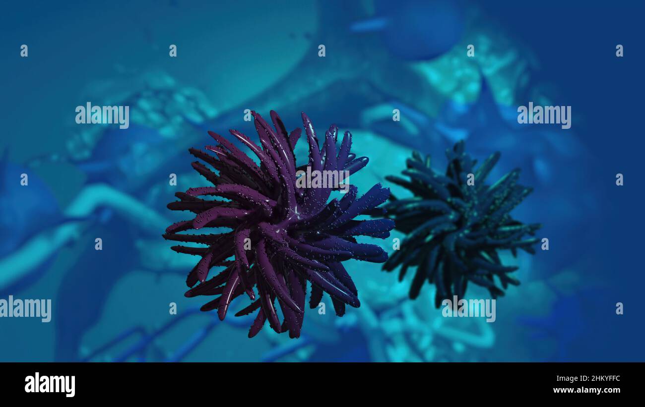 3D Illustration - Flurona, Doppelinfektion von Covid und Grippe. Mutiertes Coronavirus SARS-CoV-2. Stockfoto