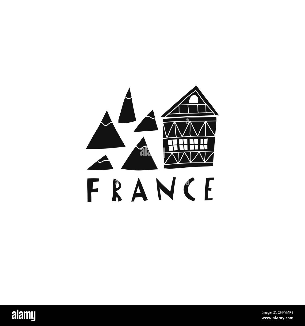 Vektor Handgezeichnetes Symbol von Frankreich. Reisedarstellung der französischen Schilder. Handgezeichnete Schriftzüge. Alps Wahrzeichen Logo Stock Vektor