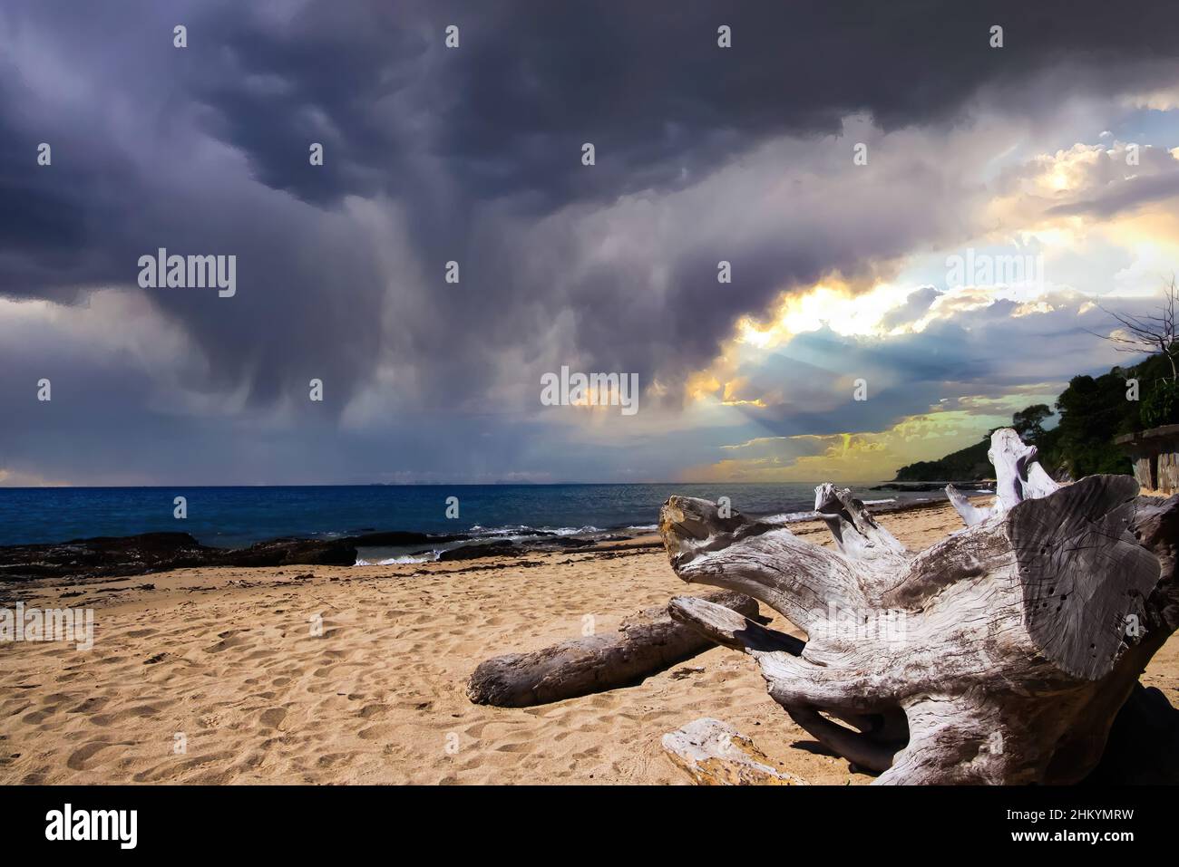 Blick auf den Baumstamm aus Treibholz am einsamen Sandstrand mit dramatischem Himmel und Sonnenstrahlen, die dunkle Wolken brechen - Ko Chang, Thailand während der Regenzeit (Fokus Stockfoto
