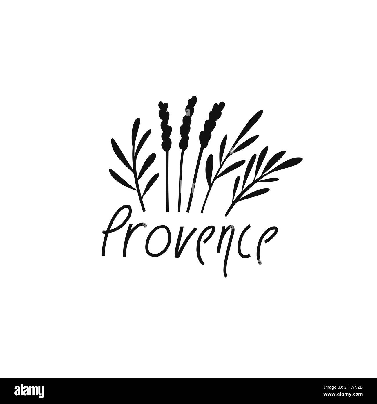 Vektor Handgezeichnetes Symbol der Provence. Reisedarstellung der französischen Schilder. Handgezeichnete Schriftzüge. Französisches Wahrzeichen-Logo Stock Vektor