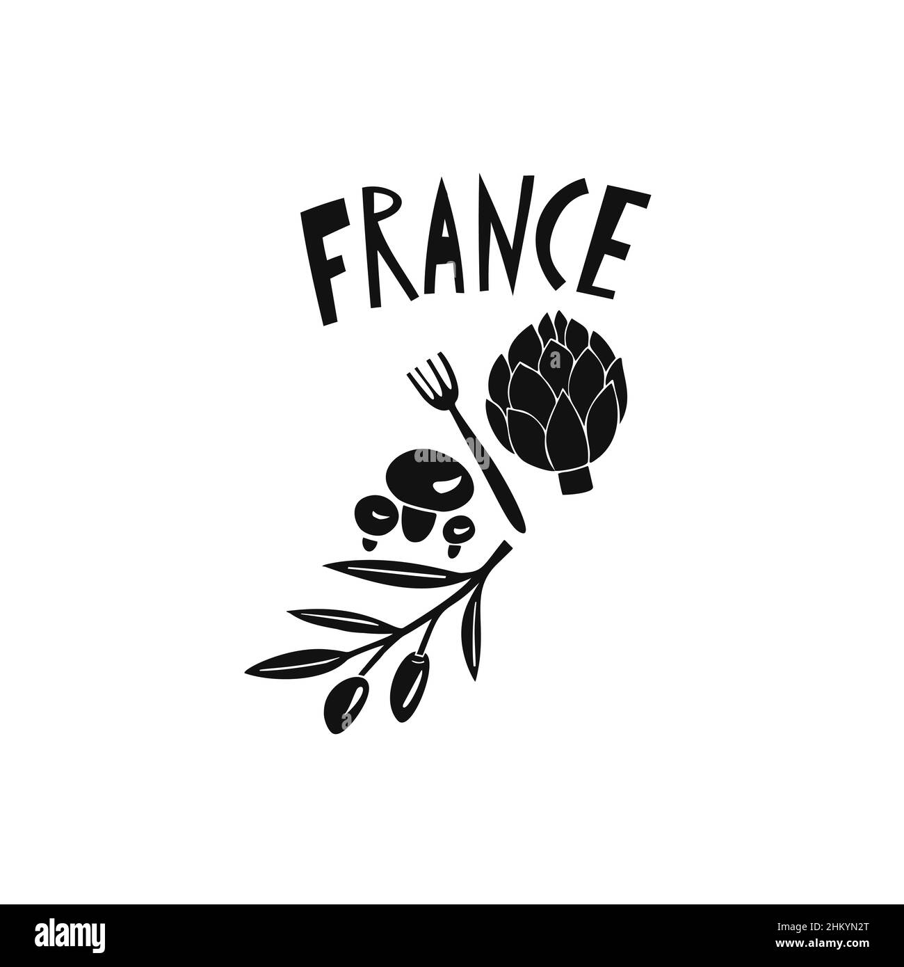 Vektor handgezeichnetes Lebensmittel Symbol von Frankreich. Reisedarstellung der französischen Schilder. Handgezeichnete Schriftzüge. Französisches Wahrzeichen-Logo Stock Vektor