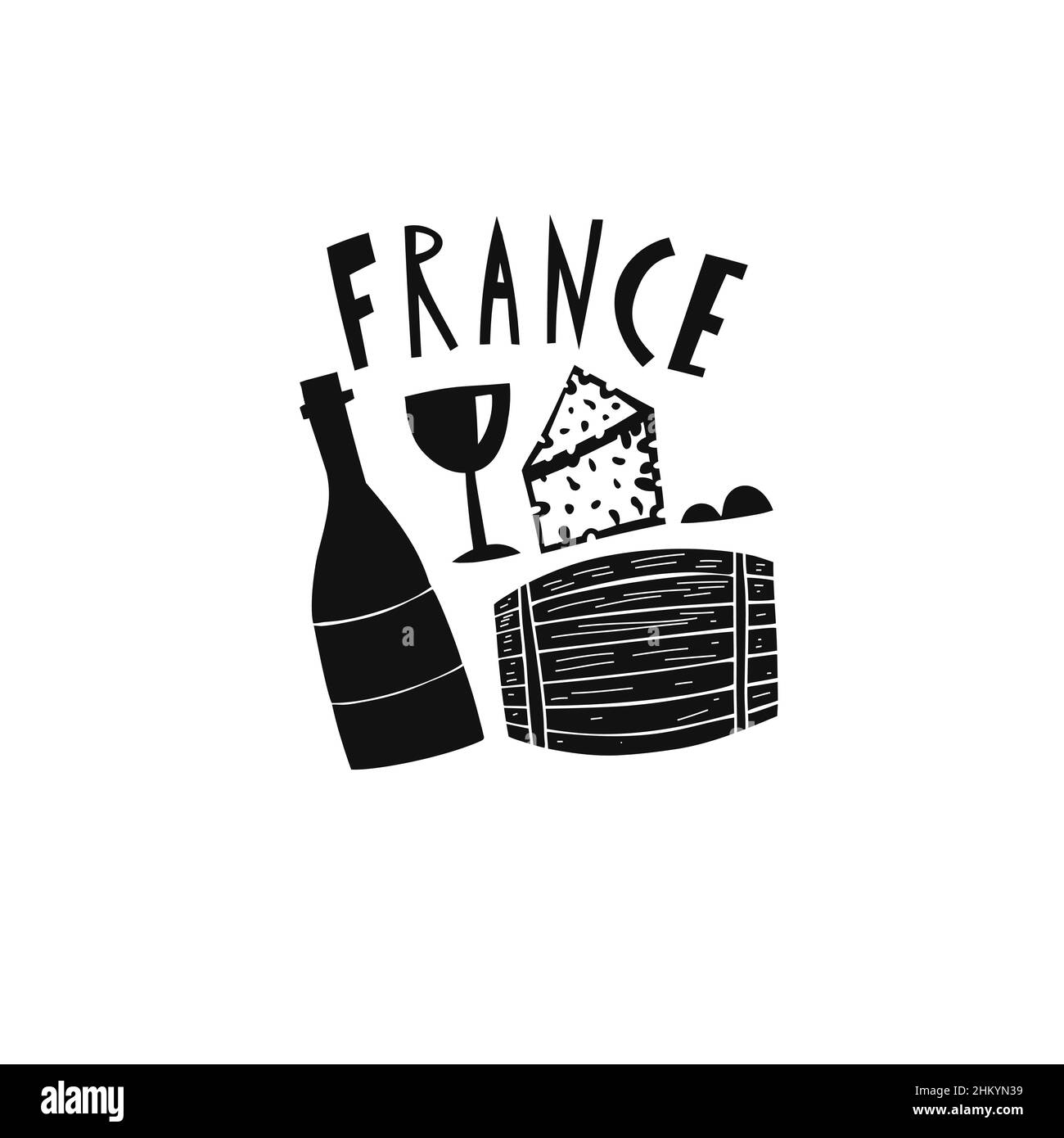 Vektor Handgezeichnetes Symbol von Frankreich. Reisedarstellung der französischen Schilder. Handgezeichnete Schriftzüge. Französisches Wahrzeichen-Logo Stock Vektor