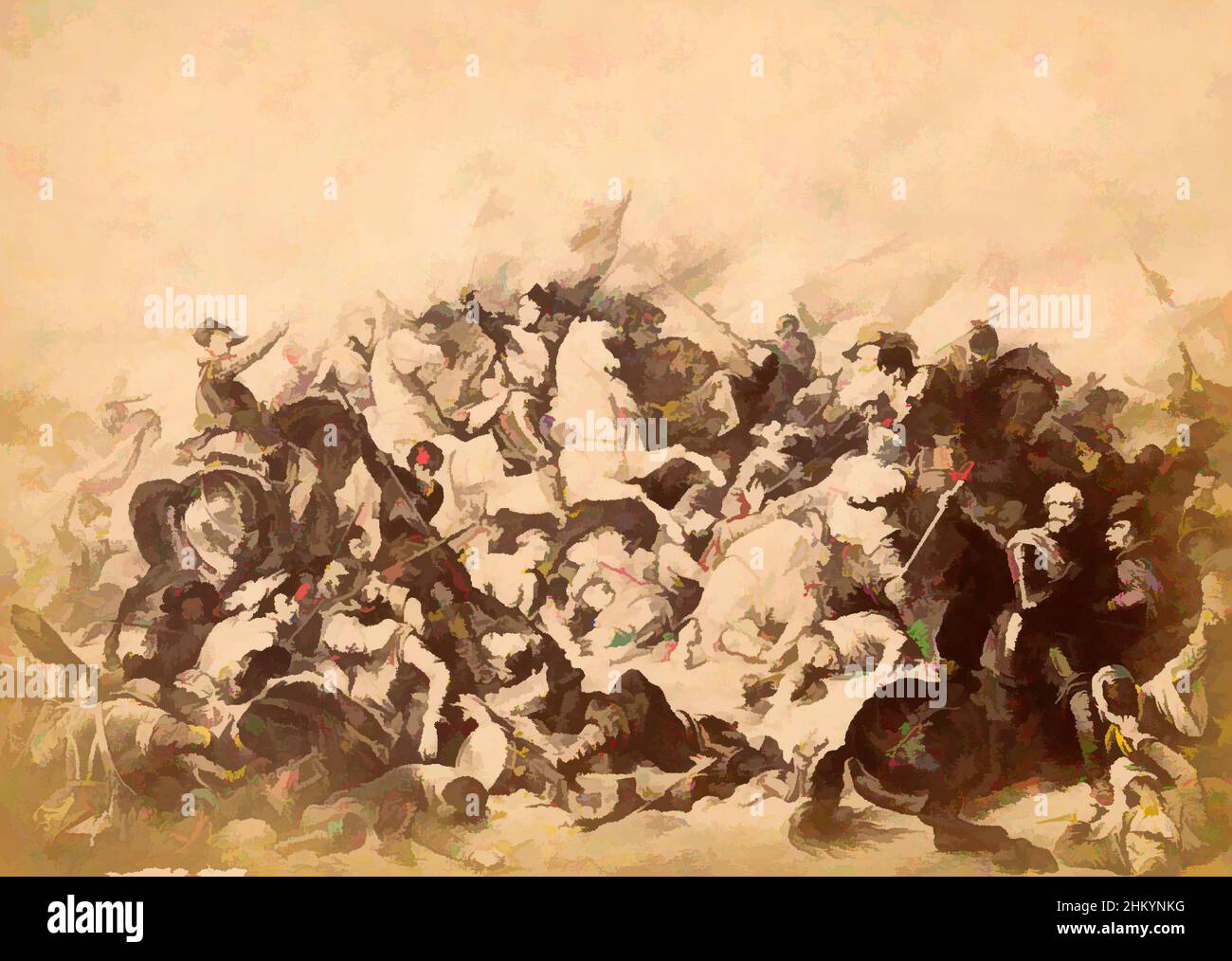 Fotokunst, inspiriert durch Fotoreproduktion einer Gravur der Schlacht von Nieuwpoort am 2. Juli 1600, Niederlande, 1850 - 1900, fotografische Unterstützung, Karton, Albumendruck, Höhe 61 mm × Breite 85 mmhöhe 63 mm × Breite 105 mm, Classic Works modernisiert von Artotop mit einem Schuss Moderne. Formen, Farbe und Wert, auffällige visuelle Wirkung auf Kunst. Emotionen durch Freiheit von Kunstwerken auf zeitgemäße Weise. Eine zeitlose Botschaft, die eine wild kreative neue Richtung verfolgt. Künstler, die sich dem digitalen Medium zuwenden und die Artotop NFT erschaffen Stockfoto