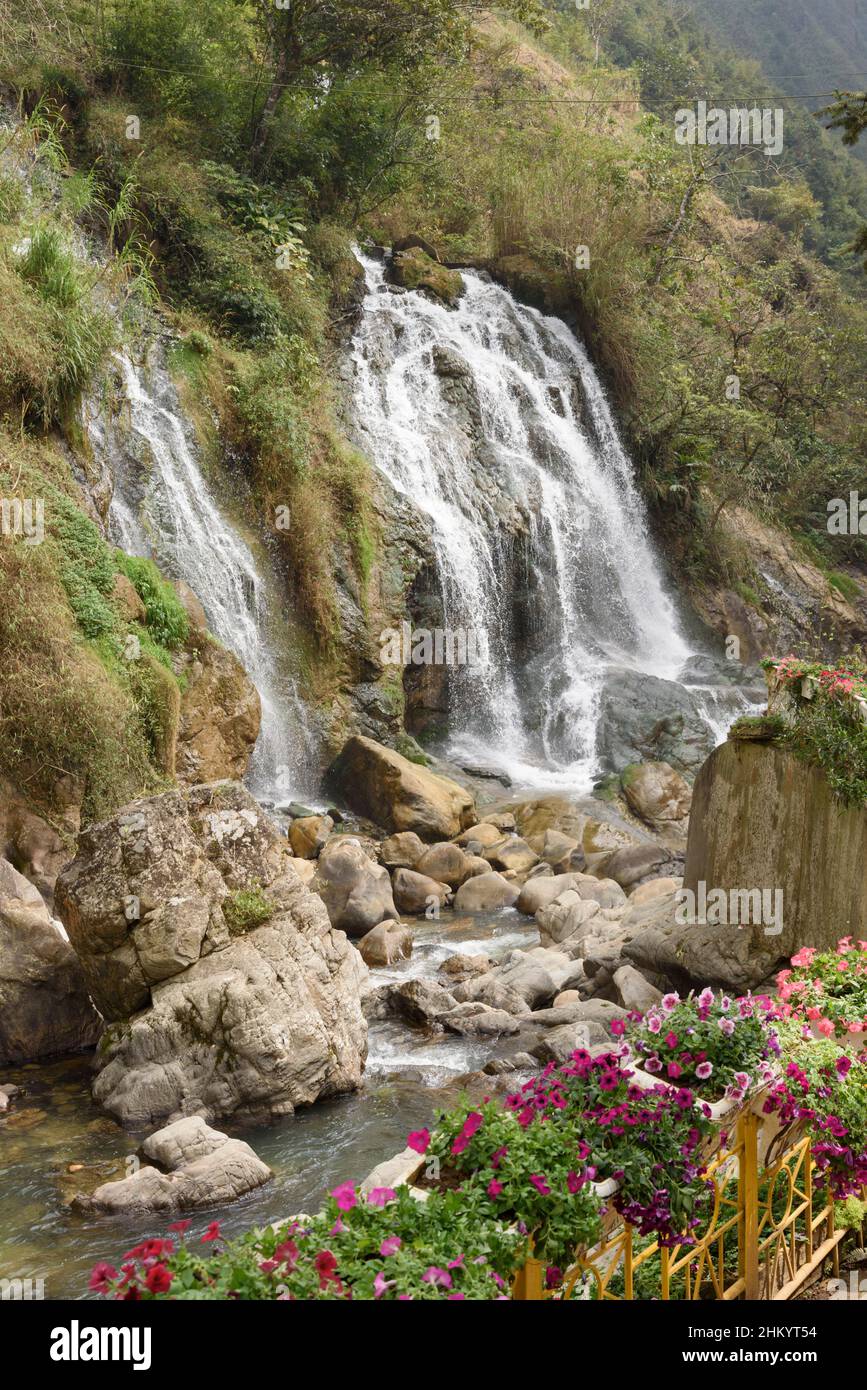 Wasserfall und Blumen in Cat Cat Hmong Village, Sapa (Sa Pa), Lao Cai Province, Vietnam, Südostasien Stockfoto
