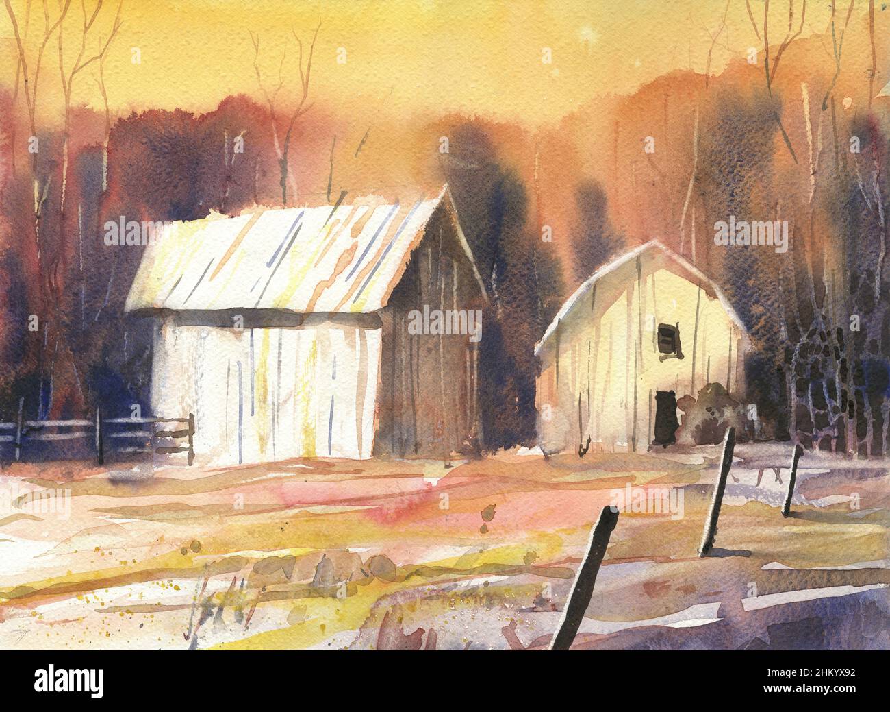 Verwitterte Scheunen in Feld bunte Aquarell Malerei. Scheune Landschaft Malerei Aquarell gelb Sonnenuntergang Kunstwerk Scheune Dekor Stockfoto