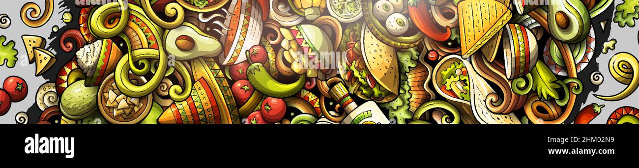 Mexikanisches Essen handgezeichnetes Doodle-Banner. Ausführlicher Cartoon-Flyer. Mexikanische Küche Identität mit Objekten und Symbolen. Farbe Vektor Design Elemente backgrou Stock Vektor