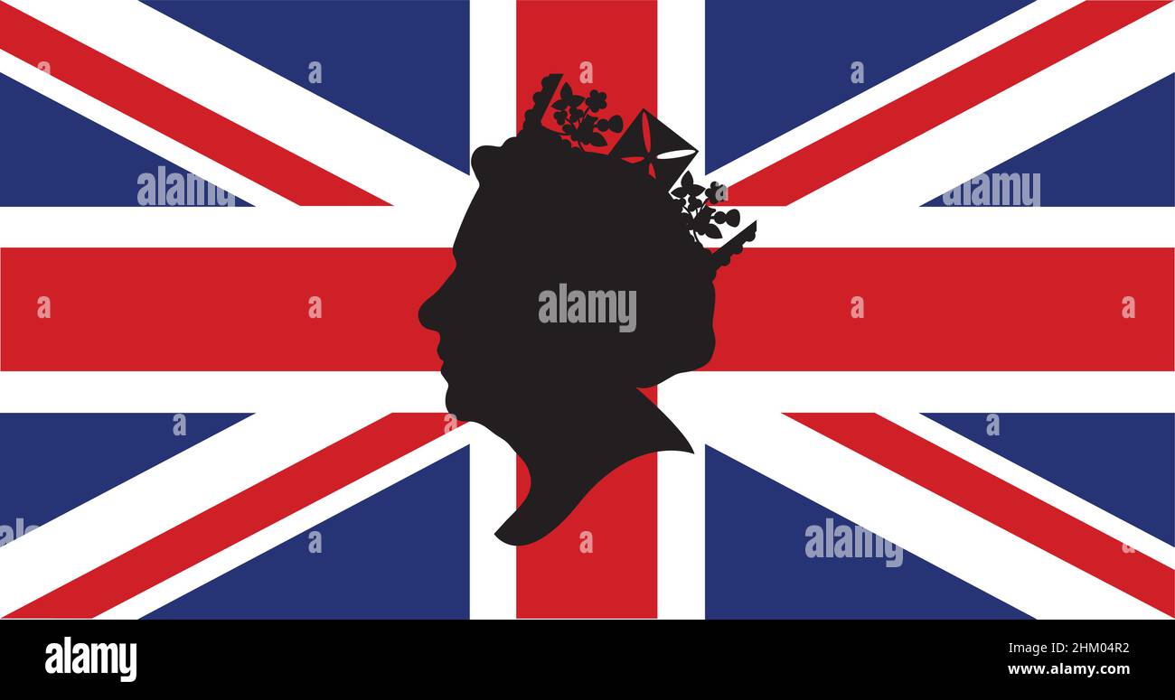 Seitenprofil Silhouette von Königin Elizabeth trägt eine Krone mit Union Jack Flagge Stock Vektor