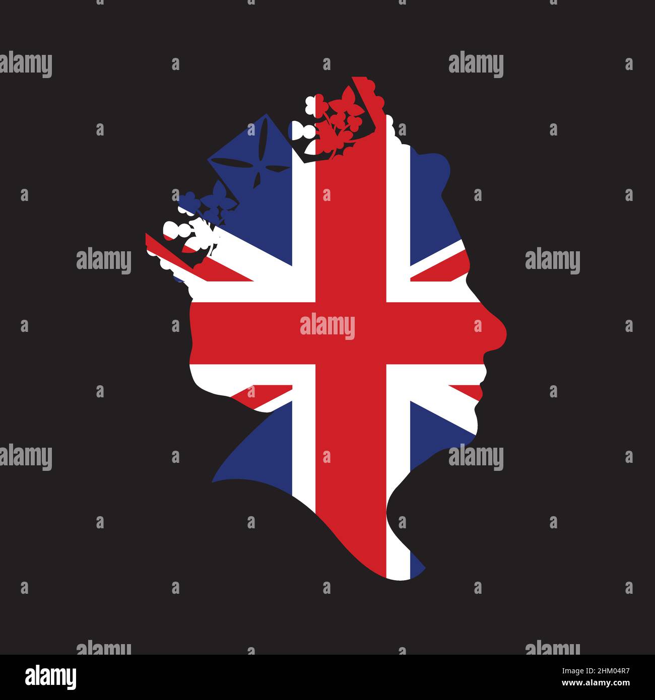 Seitenprofil Silhouette von Königin Elizabeth trägt eine Krone mit Union Jack Flagge Stock Vektor