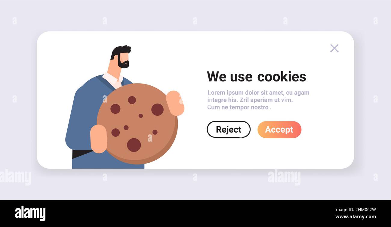 Geschäftsmann hält Cookie-Schutz von persönlichen Informationen Internet  Web Pop-up wir verwenden Cookies Richtlinie Benachrichtigung  Stock-Vektorgrafik - Alamy