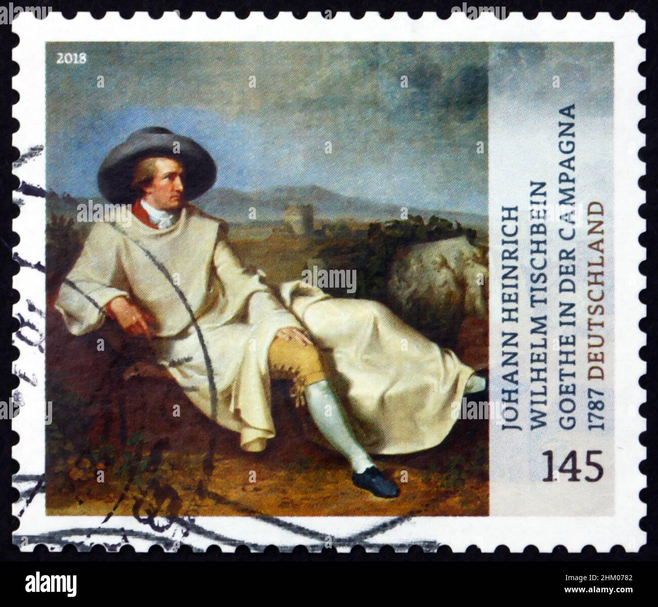 DEUTSCHLAND - UM 2018: Eine in Deutschland gedruckte Briefmarke zeigt Goethe in der Region von Campagna, Gemälde von Johann Heinrich Wilhelm Tischbein, deutscher Maler, um 2018 Stockfoto