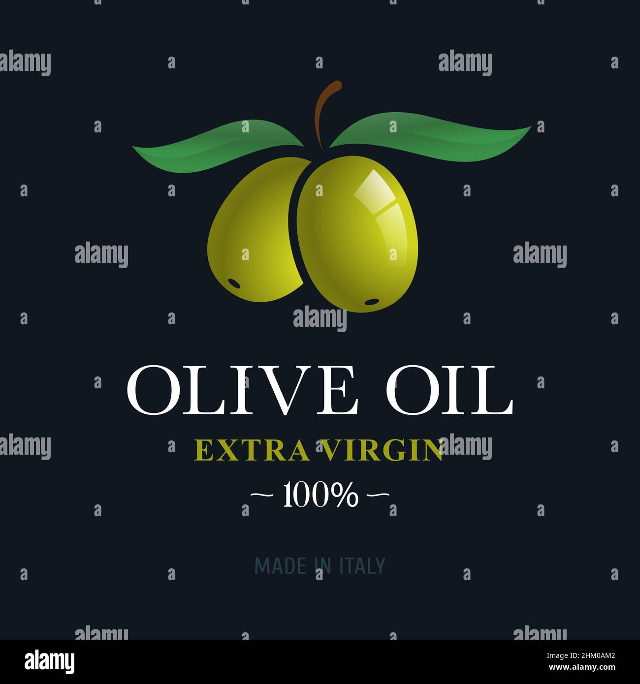 Zwei reife Oliven mit Blättern auf dunklem Grund. Etikett oder Emblem Konzept für Olivenöl Stock Vektor