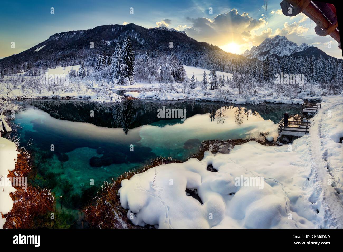 Kleiner smaragdgrüner See im Naturschutzgebiet Zelenci in der Nähe von Kranjska Gora, Slowenien Stockfoto
