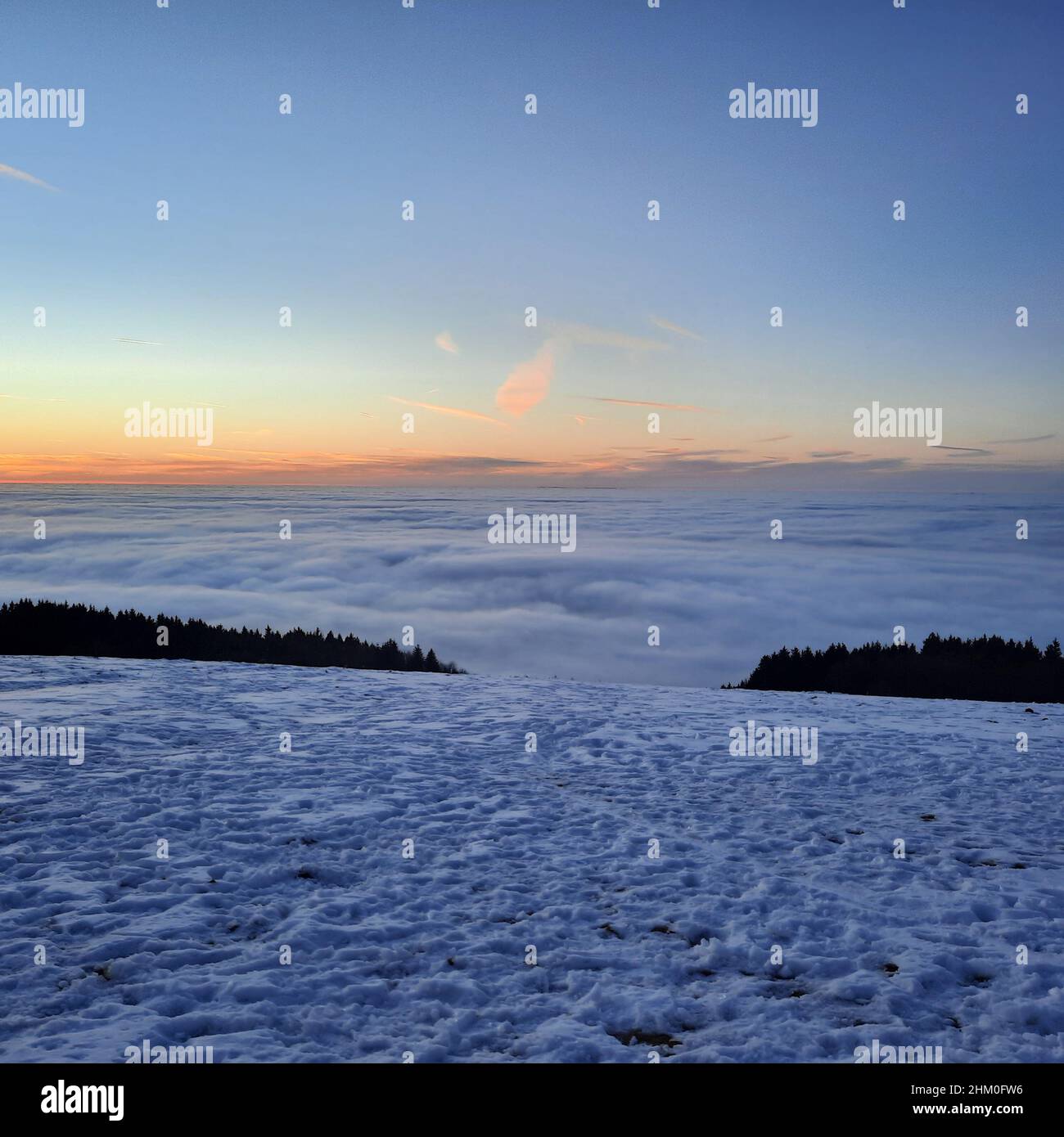 Das Konzept der Entspannung in den Bergen im Winter im Schnee auf Skiern, Snowboards oder Schlitten, Wandern unter der untergehenden Sonne bei Sonnenuntergang auf der Stockfoto