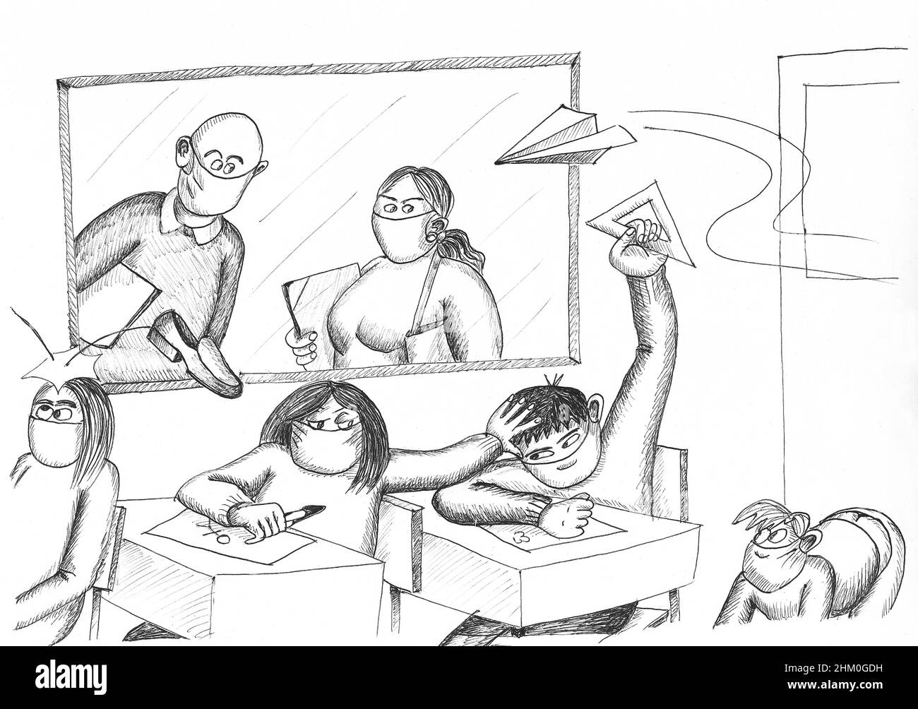 Lehrer beobachten Schüler schlechtes Verhalten in der Klasse. Abbildung. Stockfoto