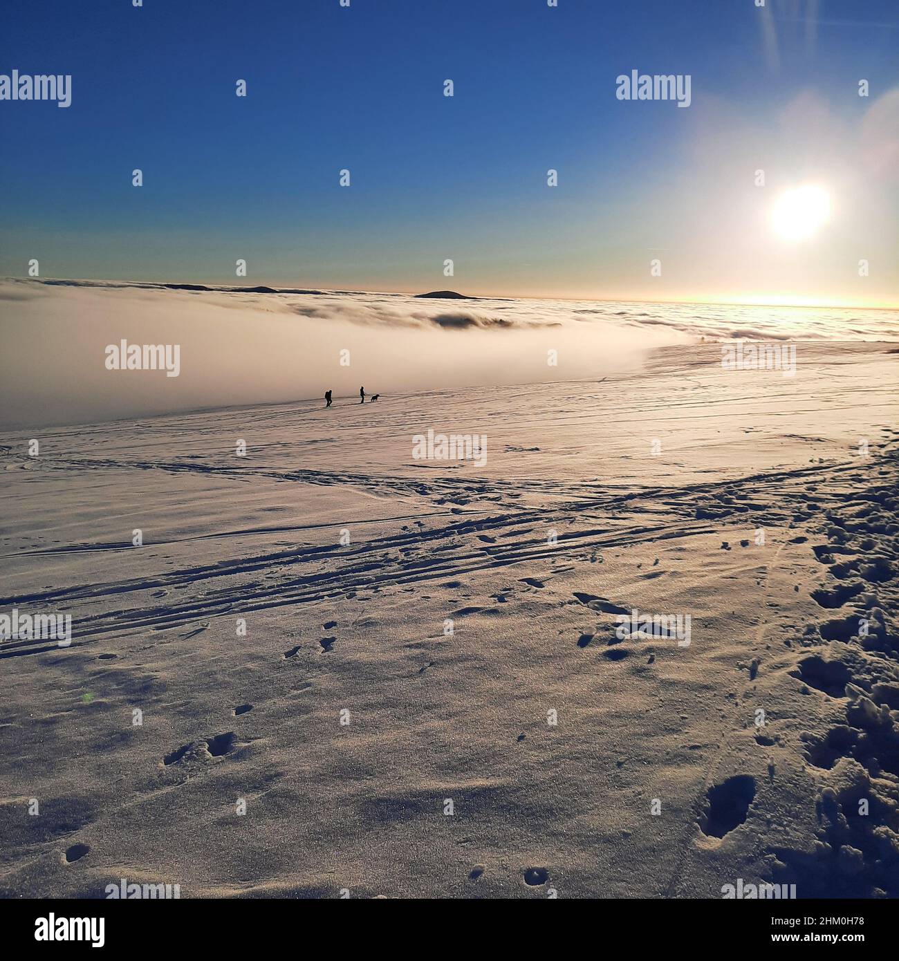 Das Konzept der Entspannung in den Bergen im Winter im Schnee auf Skiern, Snowboards oder Schlitten, Wandern unter der untergehenden Sonne bei Sonnenuntergang auf der Stockfoto