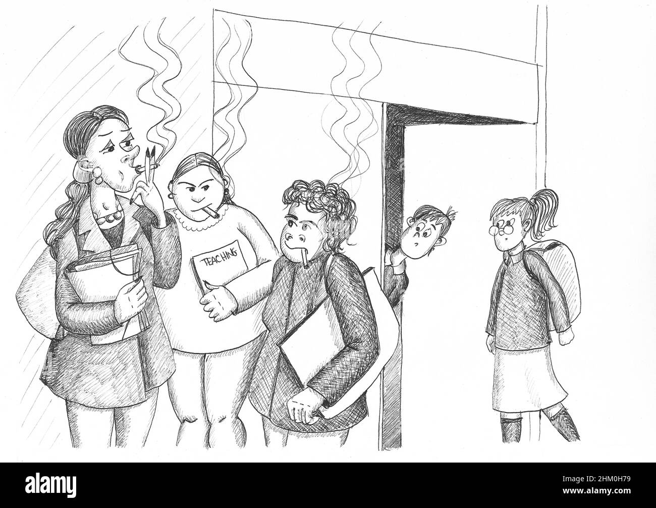 Lehrer rauchen an der Schultür. Abbildung. Stockfoto