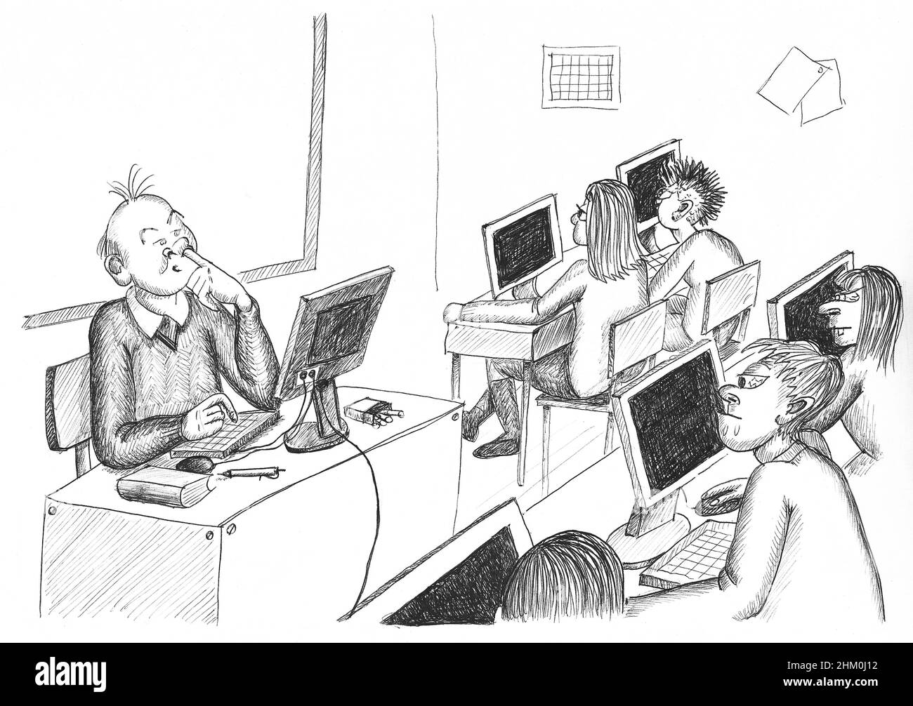 Der Computerlehrer pflückt sich die Nase, während die Schüler auf einen schwarzen Bildschirm schauen. Abbildung. Stockfoto