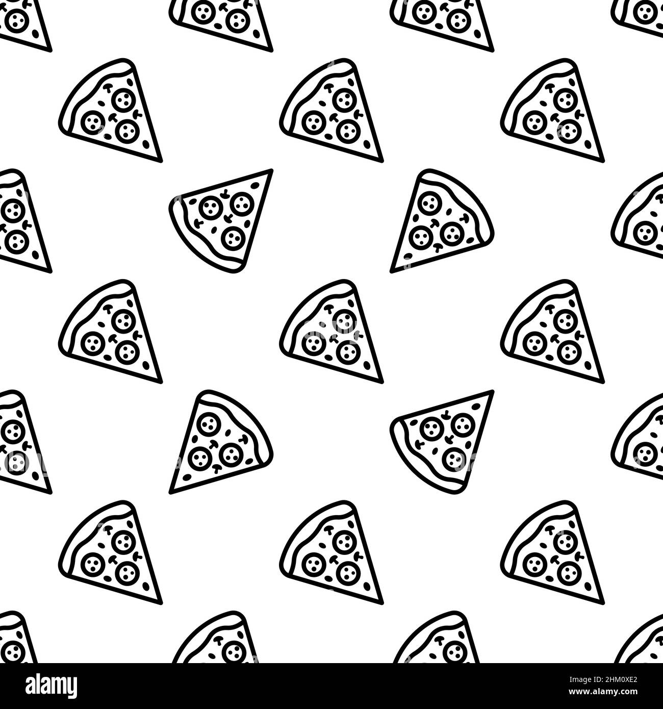 Pizza-Muster mit handgezeichneten Symbolen Pizza-Scheiben. Trendige Vektor schwarz-weiß Pizza-Muster. Nahtloses, monochromes Pizzamuster für Stoff und Netzrückendruck Stock Vektor