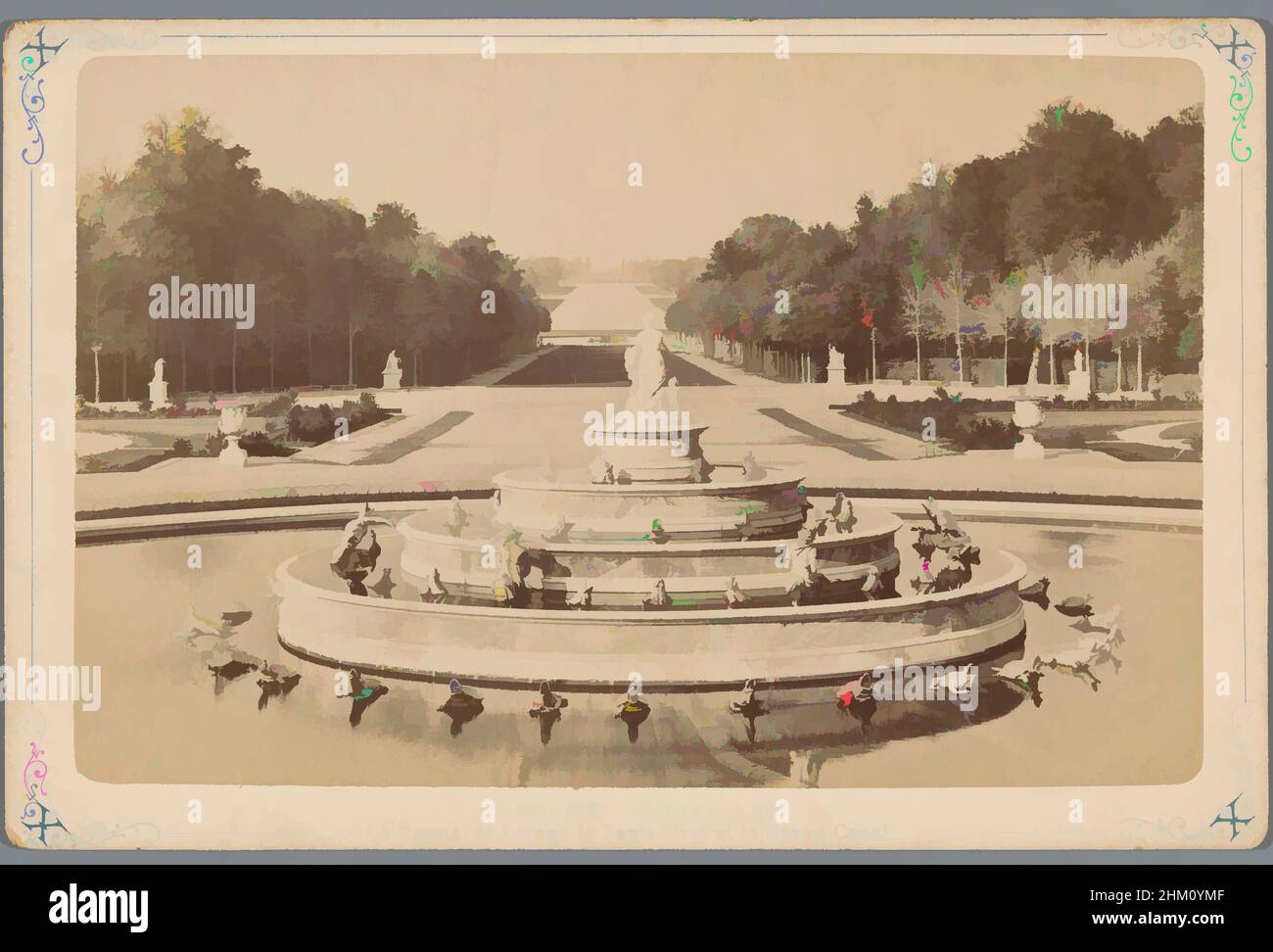 Kunst inspiriert von Blick auf den Garten von Versailles mit Brunnen, Parc de Versailles, Le Bassin de Latone le Tapis Vert te le Grand Canal, Étienne Neurdein, Versailles, 1870 - 1900, Karton, Albumen Print, Höhe 107 mm × Breite 163 mm, Classic Works modernisiert von Artotop mit einem Schuss Moderne. Formen, Farbe und Wert, auffällige visuelle Wirkung auf Kunst. Emotionen durch Freiheit von Kunstwerken auf zeitgemäße Weise. Eine zeitlose Botschaft, die eine wild kreative neue Richtung verfolgt. Künstler, die sich dem digitalen Medium zuwenden und die Artotop NFT erschaffen Stockfoto