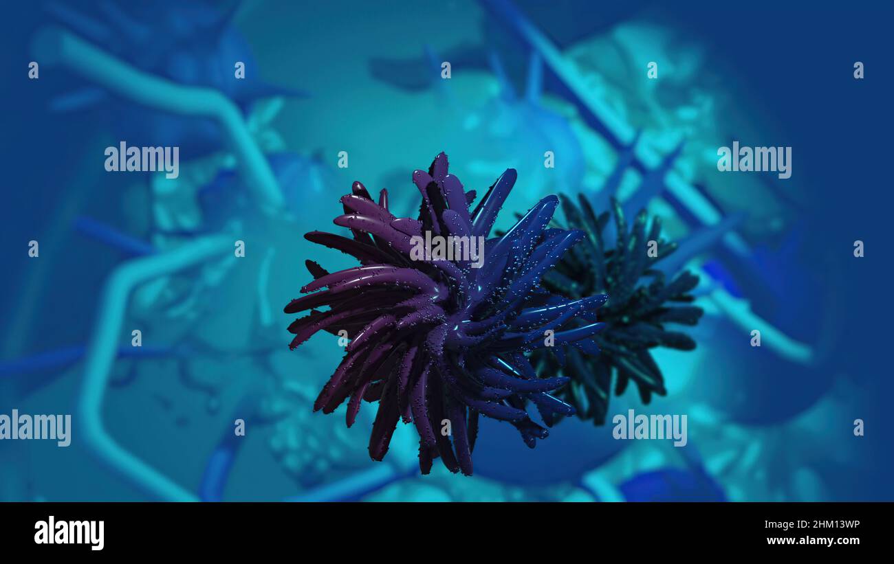 3D Illustration - Flurona, Doppelinfektion von Covid und Grippe. Mutiertes Coronavirus SARS-CoV-2. Stockfoto