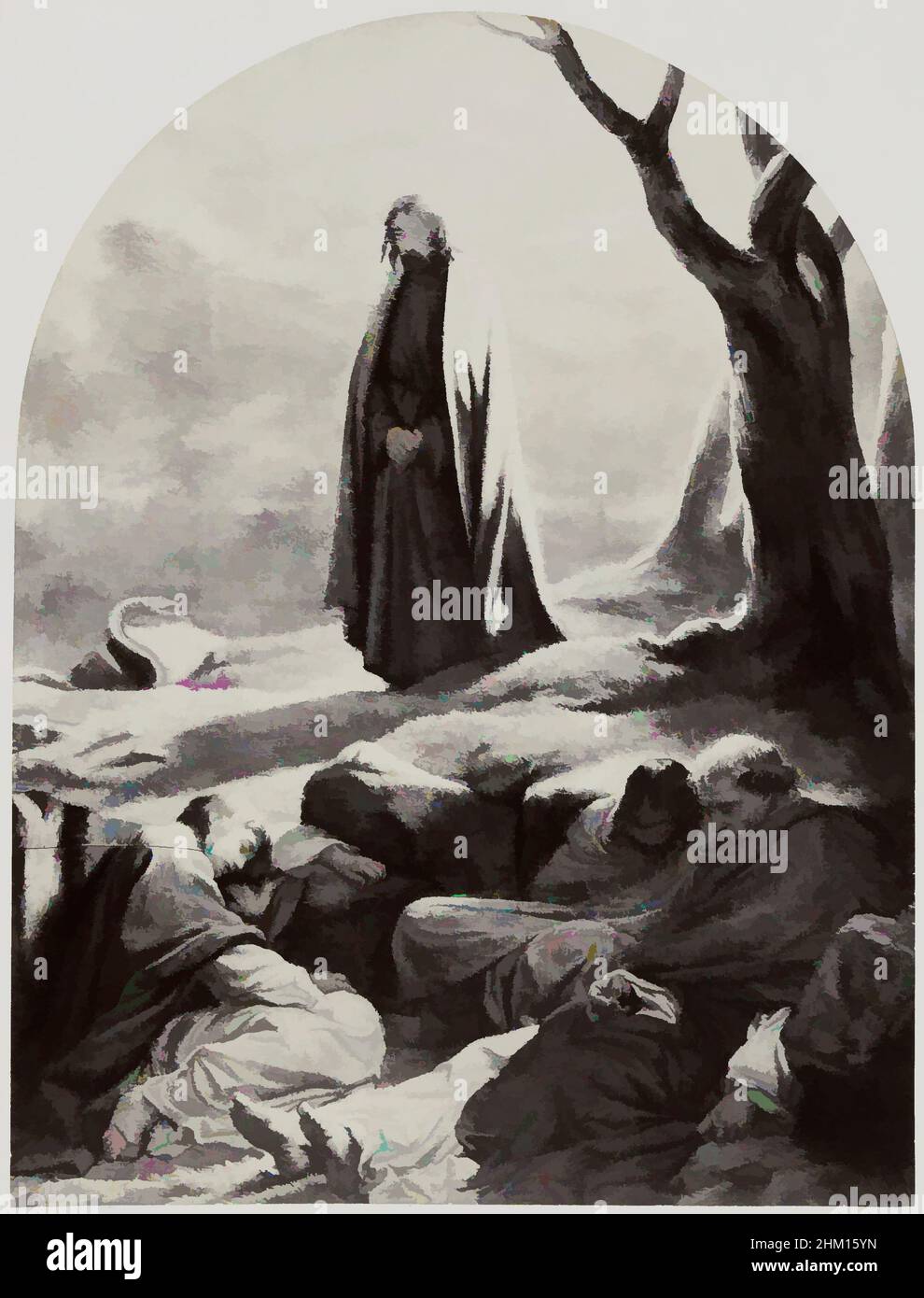 Kunst inspiriert durch Fotoreproduktion eines Bildes von Christus im Garten Gethsemane von Paul Delaroche, Le Christ en Gethsemane, Robert Jefferson Bingham, nach: Paul Delaroche, Paris, c. 1853 - in oder vor 1858, Papier, Albumendruck, Gravur, Höhe 119 mm × Breite 90 mmhöhe 184, Klassisches Werk, modernisiert von Artotop mit einem Schuss Moderne. Formen, Farbe und Wert, auffällige visuelle Wirkung auf Kunst. Emotionen durch Freiheit von Kunstwerken auf zeitgemäße Weise. Eine zeitlose Botschaft, die eine wild kreative neue Richtung verfolgt. Künstler, die sich dem digitalen Medium zuwenden und die Artotop NFT erschaffen Stockfoto