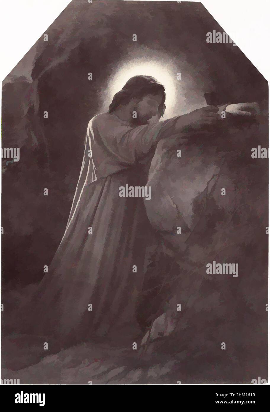 Kunst inspiriert von der Fotoreproduktion eines Gemäldes Christi im Garten Gethsemane von Paul Delaroche, Le Christ au jardin des oliviers, Robert Jefferson Bingham, nach: Paul Delaroche, Paris, in oder nach 1855 - in oder vor 1858, Papier, Albumendruck, Gravur, Höhe 210 mm × Breite, Klassisches Werk, modernisiert von Artotop mit einem Schuss Moderne. Formen, Farbe und Wert, auffällige visuelle Wirkung auf Kunst. Emotionen durch Freiheit von Kunstwerken auf zeitgemäße Weise. Eine zeitlose Botschaft, die eine wild kreative neue Richtung verfolgt. Künstler, die sich dem digitalen Medium zuwenden und die Artotop NFT erschaffen Stockfoto
