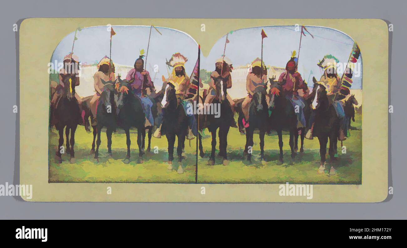 Kunst inspiriert von vier Sioux-Männern auf dem Pferderücken, bekannte Sioux Warriors, USA, 1890 - 1920, Papier, Höhe 88 mm × Breite 178 mm, Klassisches Werk, modernisiert von Artotop mit einem Schuss Moderne. Formen, Farbe und Wert, auffällige visuelle Wirkung auf Kunst. Emotionen durch Freiheit von Kunstwerken auf zeitgemäße Weise. Eine zeitlose Botschaft, die eine wild kreative neue Richtung verfolgt. Künstler, die sich dem digitalen Medium zuwenden und die Artotop NFT erschaffen Stockfoto