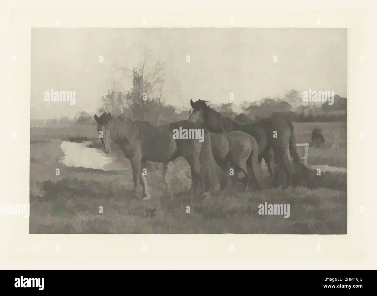 Kunst inspiriert von Fohlen auf einer Weide in Norfolk, Colts on a Norfolk Marsh, Peter Henry Emerson, Hersteller:, Norfolk, Herausgeber: Großbritannien, 1883 - 1888, Papier, Pauspapier, Höhe 119 mm × Breite 283 mmhöhe 340 mm × Breite 425 mm, Klassisches Werk, modernisiert von Artotop mit einem Schuss Moderne. Formen, Farbe und Wert, auffällige visuelle Wirkung auf Kunst. Emotionen durch Freiheit von Kunstwerken auf zeitgemäße Weise. Eine zeitlose Botschaft, die eine wild kreative neue Richtung verfolgt. Künstler, die sich dem digitalen Medium zuwenden und die Artotop NFT erschaffen Stockfoto